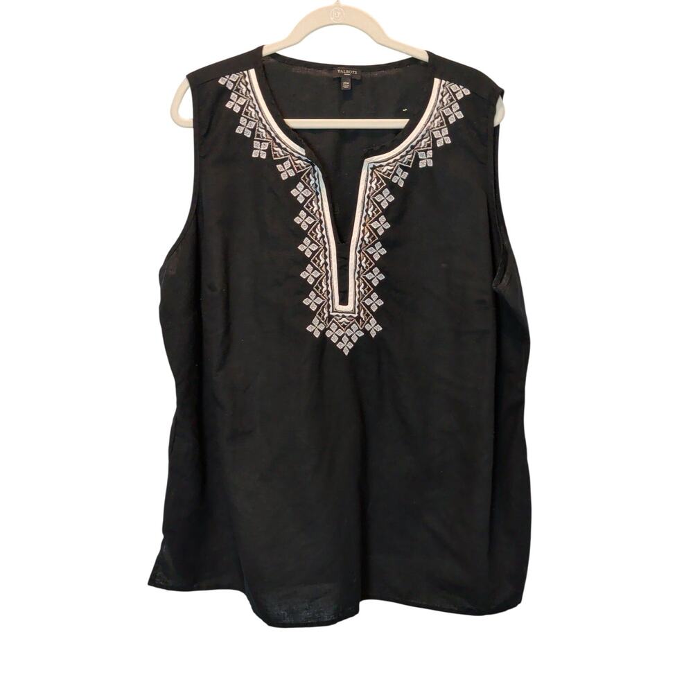 Talbots Women's Plus Sz 20W Black Linen Blend Embroidered V Neck Sleeveless Top